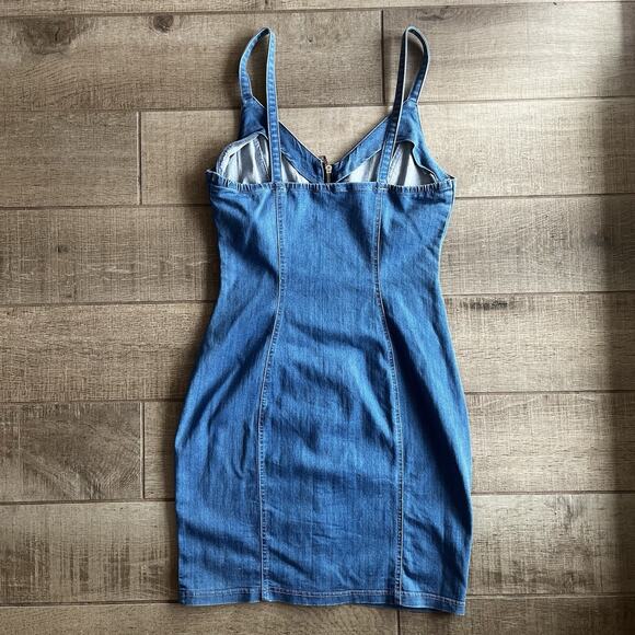 Haute Monde Denim Mini Dress M Zip Front Bodycon Adjustable Spaghetti Straps - Picture 3 of 9